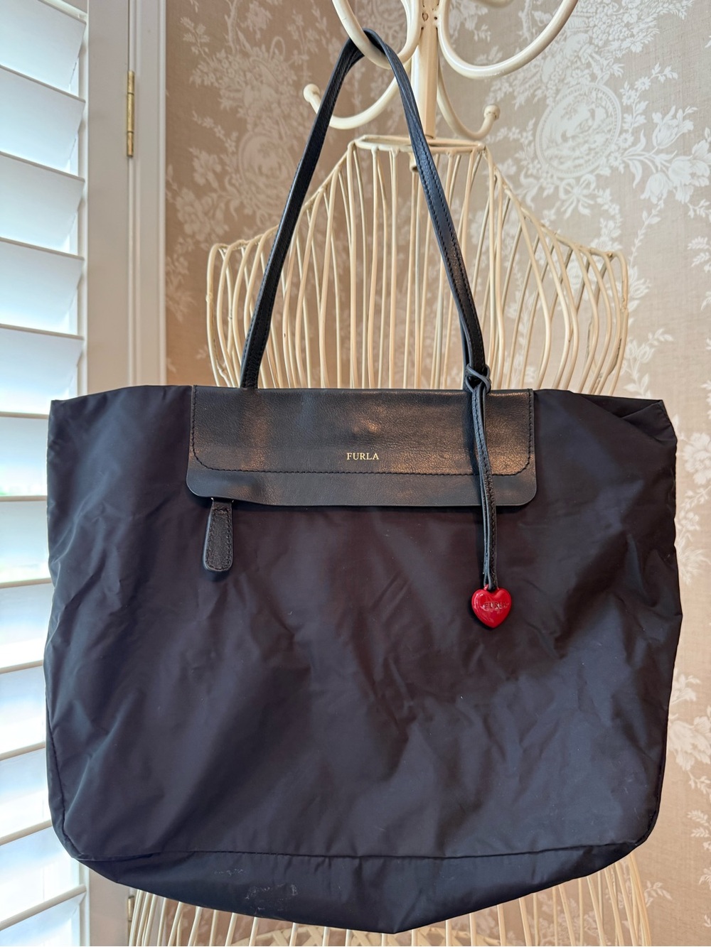 Furla Black Nylon Tote with Red Heart Charm